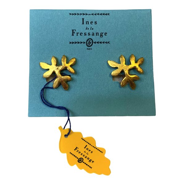 Ines de la Fressange Gold Leaf Engraved Logo Earrings - Picture 1 of 6